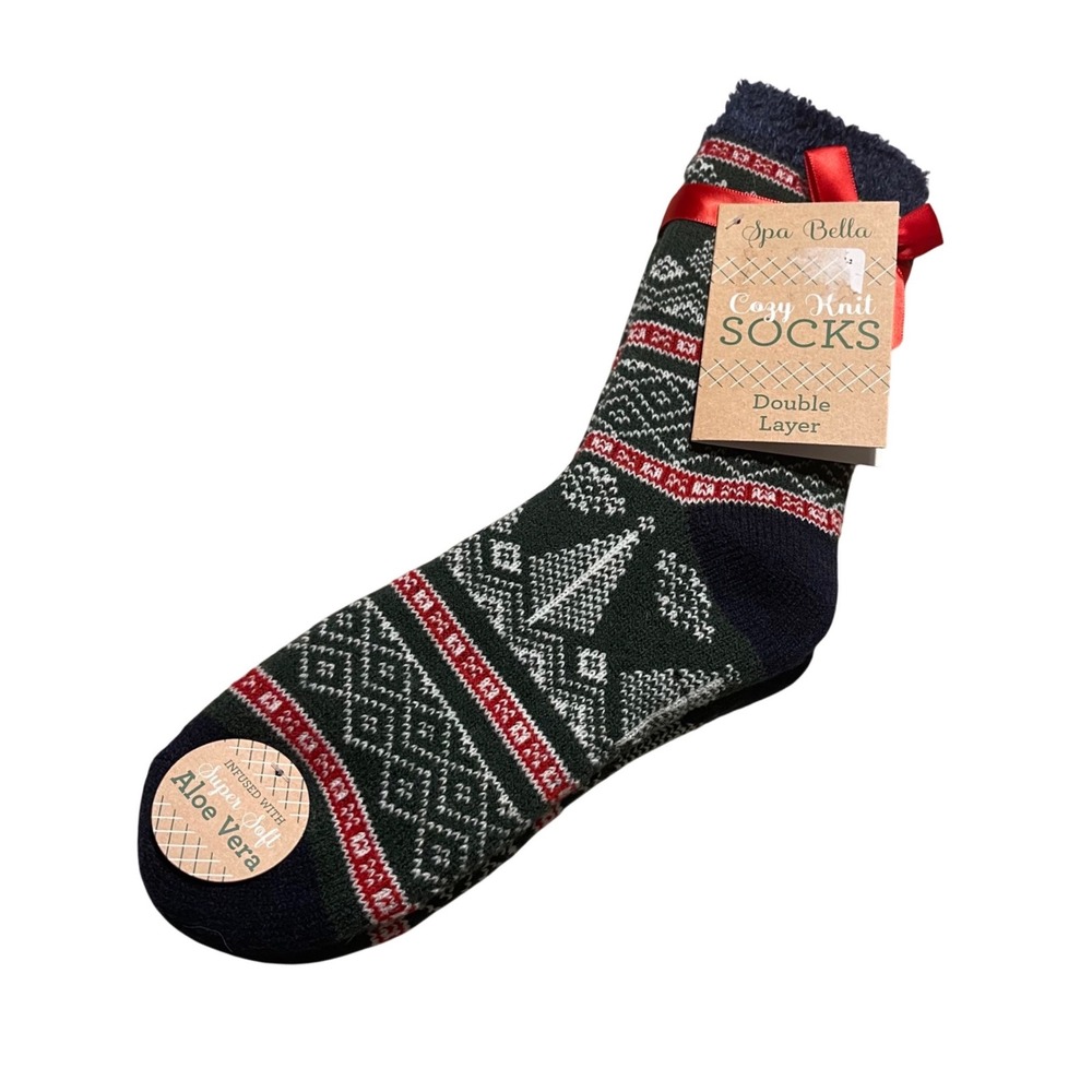 Spa Bella Cozy Knit Socks Womens Green Red Aloe Vera Infused Fair Isle‎ Thermal
